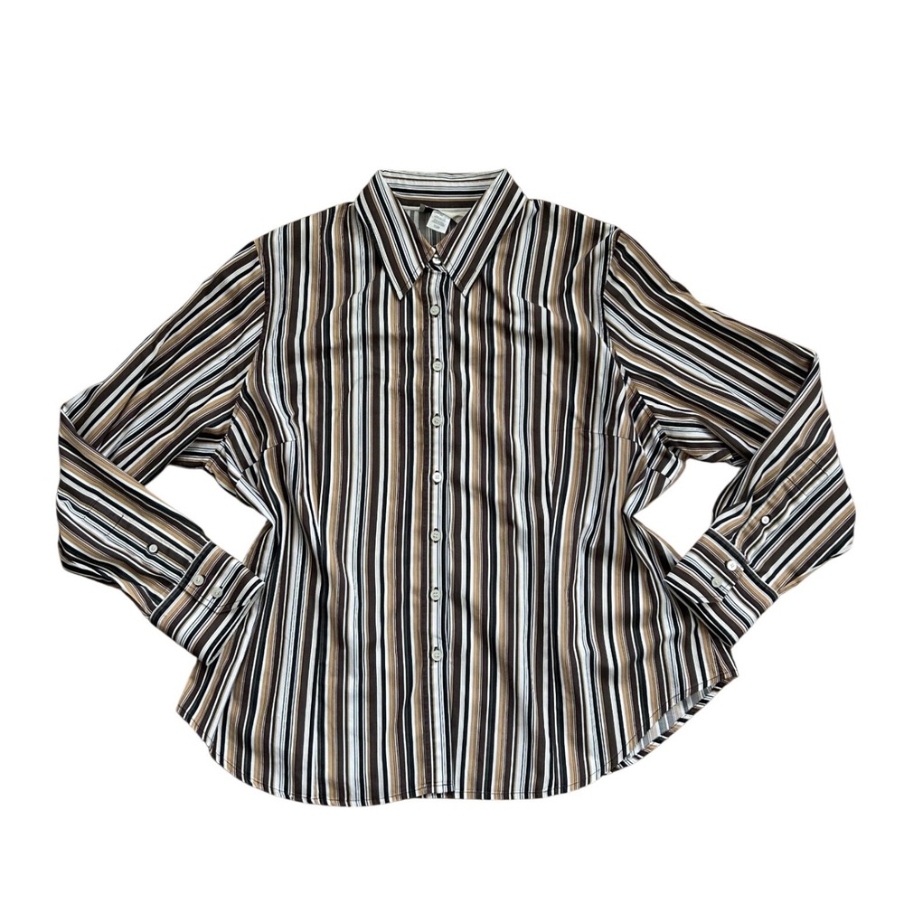 Vtg Brown Striped Button Down Shirt Cotton officesiren preppy 2X‎ Y2k